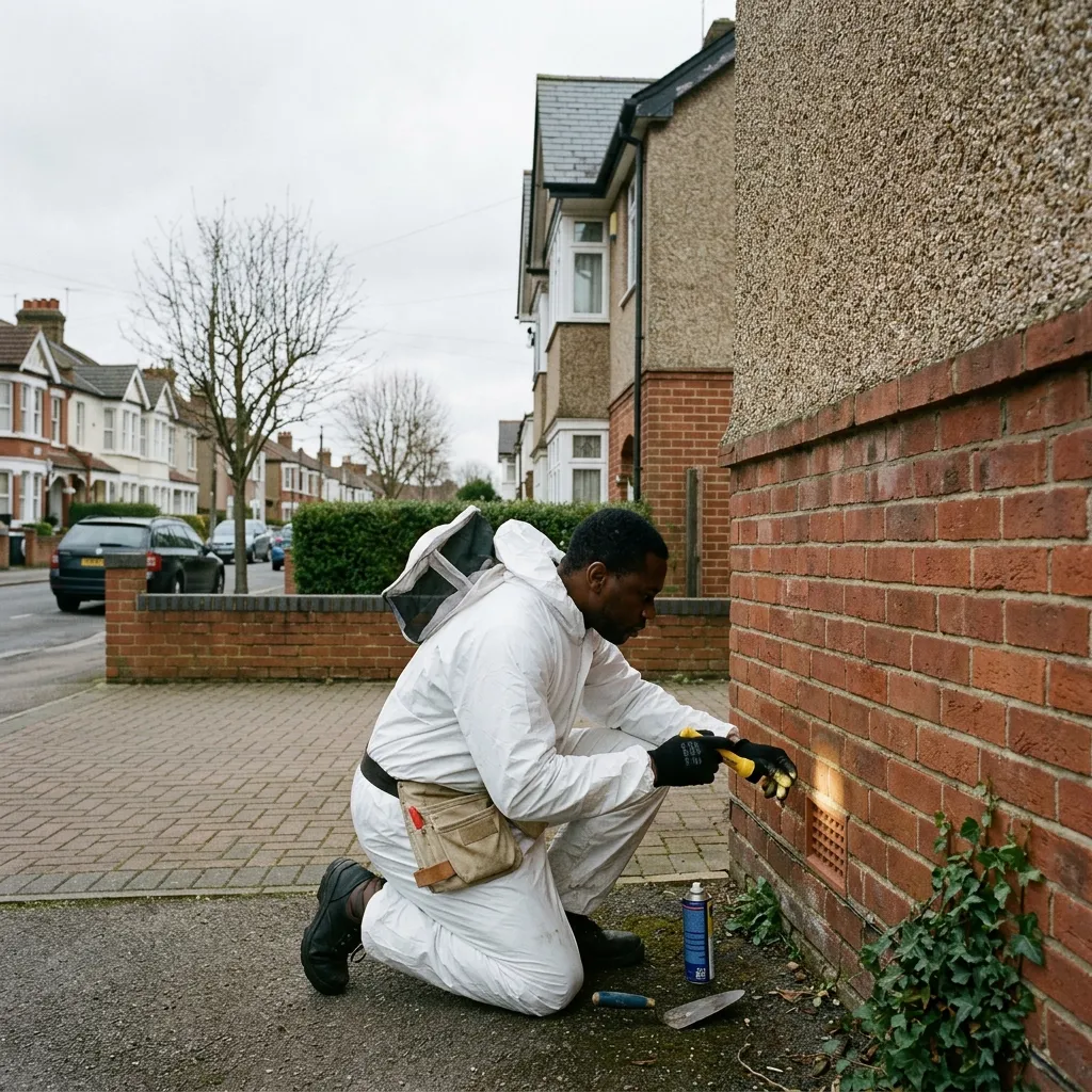 Altrincham Wasp Removal technician applying targeted insecticide treatment to a wasp nest entry point in an external wall